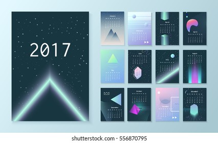 Template futuristic calendar for 2017. Calendar in the 80s style. Week starts on Monday. Sci-Fi Background.