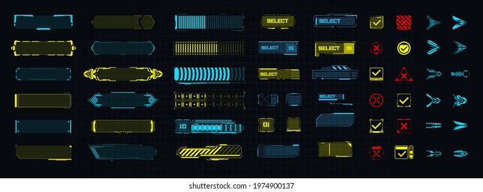 A template of futuristic elements for the game, button, arrow, loading. Modern game design icons.  Digital technology UIUX Futuristic HUD, FUI, GUI. Screen user interface, control panel for game apps