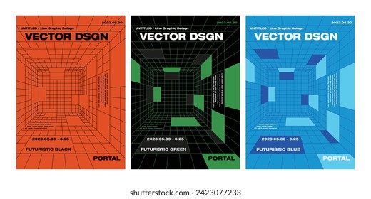 Template futuristic graphic design poster 3 color set digital tech science background modern abstract geometric website vertical 3D printing flyer backdrop line pattern portal cyber layout editorial