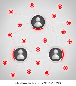 Template of futuristic infographic icons with red glowing elements on grayscale background