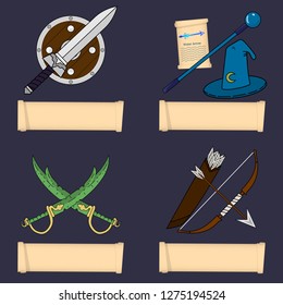 Template of Game Character, Class. Main Role Classes. Warrior, Wizard, Rogue, Ranger.  Select Your Class. Vector Illustration for Your Design, Game, Card.