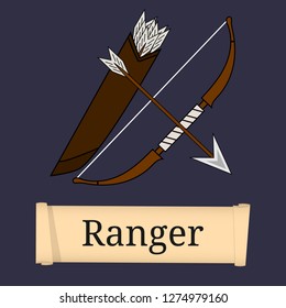 Template of Game Character, Class. Ranger Class. Attributes of ranger isolated on dark background. Select your class. Vector illustration.
