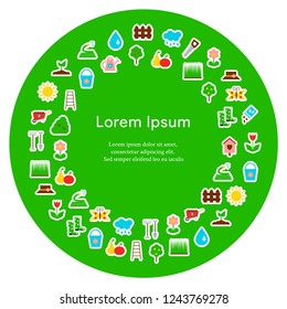 template with garden icons in the circle on green background. Vector illustration in flat style