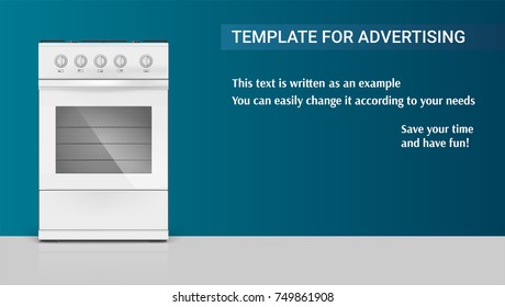 Template with gas stove with oven for advertisement on horizontal long backdrop, 3D illustration with the example of registration of the advertising message. Realistic white gas stove icon.