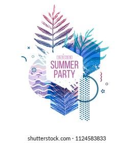 Template geometric design for summer season sales. Layout with geometric elements, watercolor texture and tropical leaf. Modern banner with  decor leaves and flowers for party or offer. Vector.