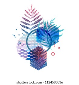Template geometric design for summer season sales. Abstract background with watercolor texture and tropical leaf. Modern banner with decor  exotic plants and wave for party and advertisement. Vector