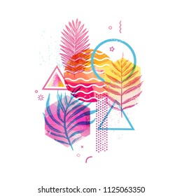 Template geometric design for summer season sales. Abstract background with watercolor texture and tropical leaf. Modern banner with decor  exotic plants and wave for party and advertisement. Vector