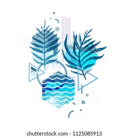 Template geometric design for summer season sales. Abstract background with watercolor texture and tropical leaf. Modern banner with decor  exotic plants and wave for party and advertisement. Vector