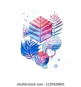 Template geometric design for summer season sales. Abstract background with watercolor texture and tropical leaf. Modern banner with decor  exotic plants and wave for party and advertisement. Vector