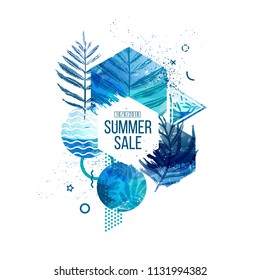 Template geometric design for summer season sales. Layout with geometric elements, watercolor texture and tropical leaf. Modern banner with  decor leaves and flowers for party or offer. Vector.