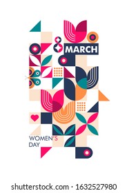 Template with geometric flat composition for international women's day. Can be used for screensaver, greeting card, merch, print on clothes, discount voucher, poster, background.