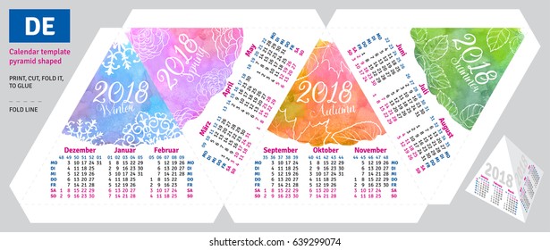 Template german calendar 2018 by seasons pyramid shaped, vector watercolor background