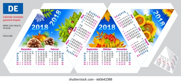 Template german calendar 2018 by seasons pyramid shaped, vector background