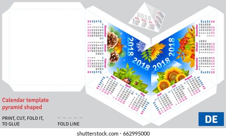 Template german calendar 2018 by seasons pyramid shaped, vector background