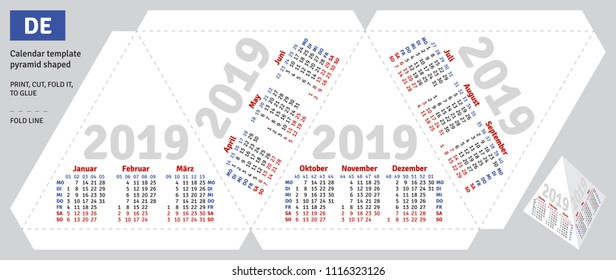 Template german calendar 2019 pyramid shaped, vector, isolated object