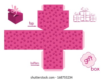 Template for gift box of cube form with elegant pattern with roses. Easy for installation - light pink parts of template are for glue. Layered and grouped vector elements. 