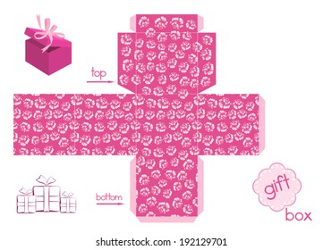 Template for gift box of cube form with elegant pattern with roses. Pattern is endless in any edge. Easy for installation - light pink parts of template are for glue. Vector file is layered EPS8.