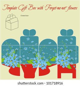 Template gift box for wedding favors. Forget-me-not flowers bouquet.