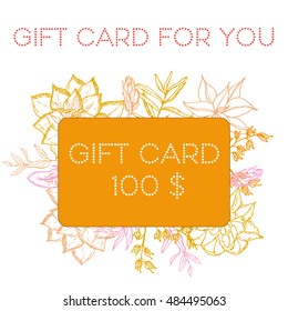 Template for GIFT CARD with separate card decorated with hand drawn succulent plants, dry herbs, rosemary. Vector illustration. Design for shops. Bonus program for the customer. GIFT CARD FOR YOU