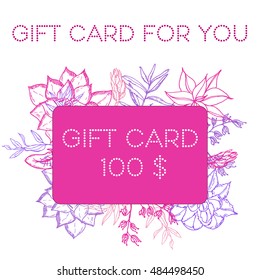 Template for GIFT CARD with separate card decorated with hand drawn succulent plants, dry herbs, rosemary. Vector illustration. Design for shops. Bonus program for the customer. GIFT CARD FOR YOU