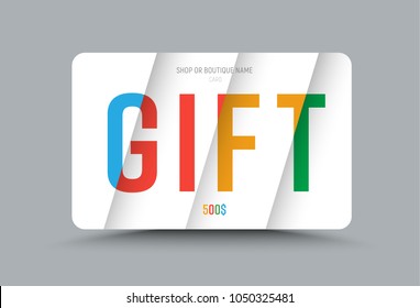 Template of a gift card of white color with multi-colored text at different levels of height on soaring sheets. Material design. Vector illustration
