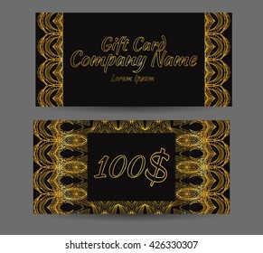 Template gift certificate for yoga studio, a spa center, massage parlor, beauty salon. Abstract golden luxury pattern style jazz age