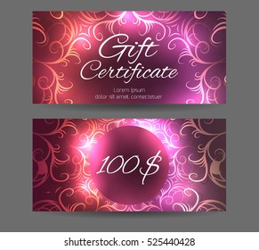 Template Gift Certificate For Yoga Studio, Spa Center, Massage Parlor, Beauty Salon. Abstract Vintage Pattern With Sparkles