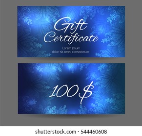 Template gift certificate for yoga studio, spa center, massage parlor, beauty salon. Abstract vintage pattern with sparkles