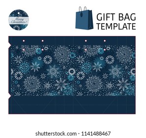 Template gift package for the new year and Christmas. Pattern of snowflakes on a blue background. Sticker with the text merry Christmas! Vector
