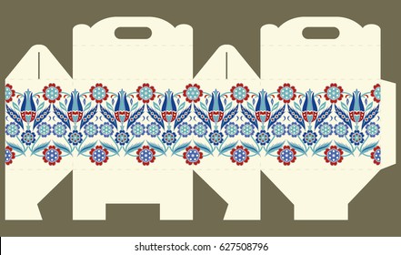 Template gift paper box with a handle.Box design, die-stamping. Greeting packaging with floral pattern in turkish style. Presents packing. Vector.