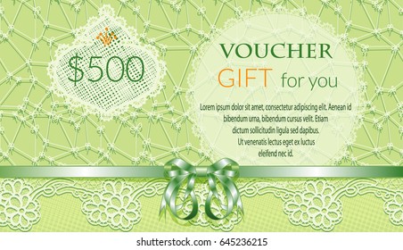 Template gift voucher with a bow and lace. Vector illustration