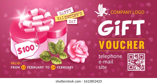 Template for gift voucher, certificate or coupon for profitable shopping at Valentines day or Womans day. Realistic gift box in heart shape, label and rose on pink background. Vector illustration. 
