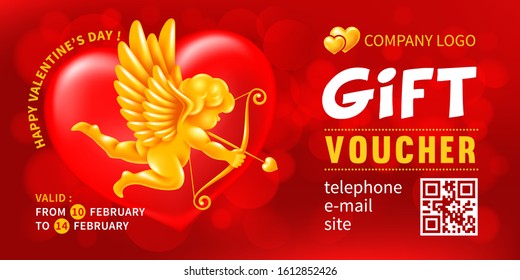 Template for gift voucher, certificate or coupon for profitable shopping on Valentines day or Womans day. Realistic golden figure of Cupid, red heart on red background with bokeh. Vector illustration.