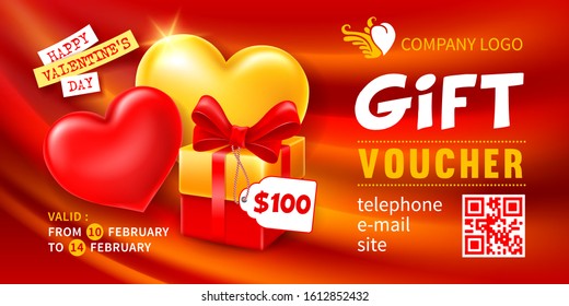 Plantilla para cupón de regalo, certificado o cupón para compras rentables en San Valentín o Día de la Mujer. Caja de regalo realista con arco, etiqueta y corazones de la pareja sobre fondo rojo. Ilustración vectorial.