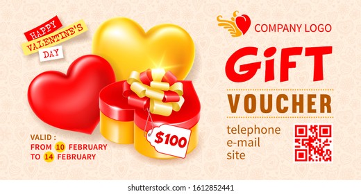 Plantilla para cupón de regalo, certificado o cupón para compras rentables en San Valentín o Día de la Mujer. Caja de regalo realista en forma de corazón, etiqueta y corazones de pareja en fondo claro. Vector.