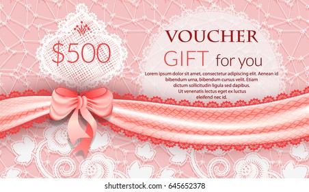 Template gift voucher with a satin ribbon and lace. Vector illustration