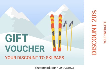 Template of gift voucher for ski pass. Mountains, ski and ski poles. Discount card. Vector illustration 