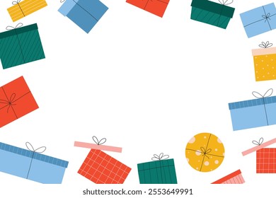 Template with gifts and place for text. Greeting card for birthday and new proud with textbox. Vector illustration. Banner with empty space for text.