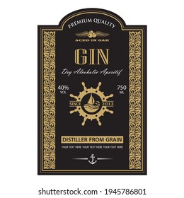 rótulo de gin modelo com leme e iate em estilo retro