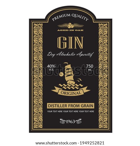 template gin label with yacht and juniper in retro style