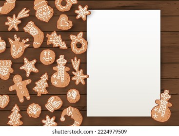 Plantilla con galletas de pan de jengibre para fiesta de pastelería de Navidad, Invitación para celebración de decoración de galletas, Intercambio de cookies, tarjeta de felicitación de Navidad. Colocar el texto. Ilustración vectorial.