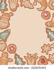 Template with gingerbread cookies for Holiday Baking Party, Invitation for Cookie decoration celebration, Cookie exchange, Christmas greeting card. Place for text. Vector illustration.