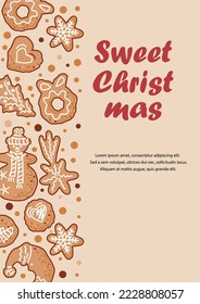 Template with gingerbread cookies for Holiday Baking Party, Invitation for Cookie decoration celebration, Cookie exchange, Christmas greeting card. Place for text. Vector illustration.