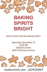 Template with gingerbread cookies for Holiday Baking Party, Invitation for Cookie decoration celebration, Cookie exchange, Christmas greeting card. Place for text. Vector illustration.