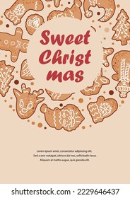 Template with gingerbread cookies for Holiday Baking Party, Invitation for Cookie decoration celebration, Cookie exchange, Christmas greeting card. Place for text. Vector illustration.