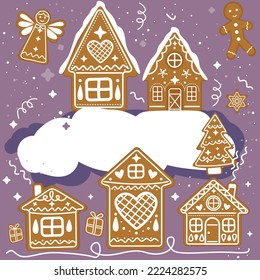 Template with gingerbread fairy houses and Christmas elements. Vector illustration for gift cards. Winter holidays.
