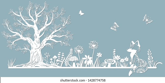 Template glade for to cut with a laser from paper. Line with mushrooms, grass, and butterflies, wood and flowers. For decoration and design. Template for laser cutting and Plotter. Vector illustration