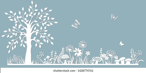 Template glade for to cut with a laser from paper. Line with mushrooms, grass, toadstools and butterflies, wood and flowers. For decoration and design. Laser cut. Template for laser cutting and Plotte