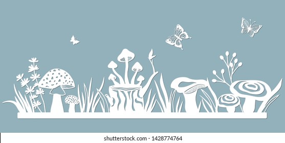 Template glade for to cut with a laser from paper. Line with mushrooms, grass, toadstools and butterflies. For decoration and design. Laser cut. Template for laser cutting and Plotter. Vector illustra