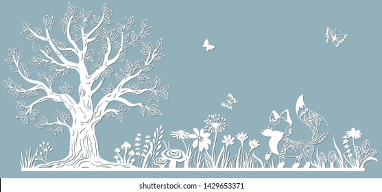 Template glade for to cut with a laser from paper. Line with mushrooms, grass, and butterflies, wood and flowers. For decoration and design. Template for laser cutting and Plotter. Vector illustration